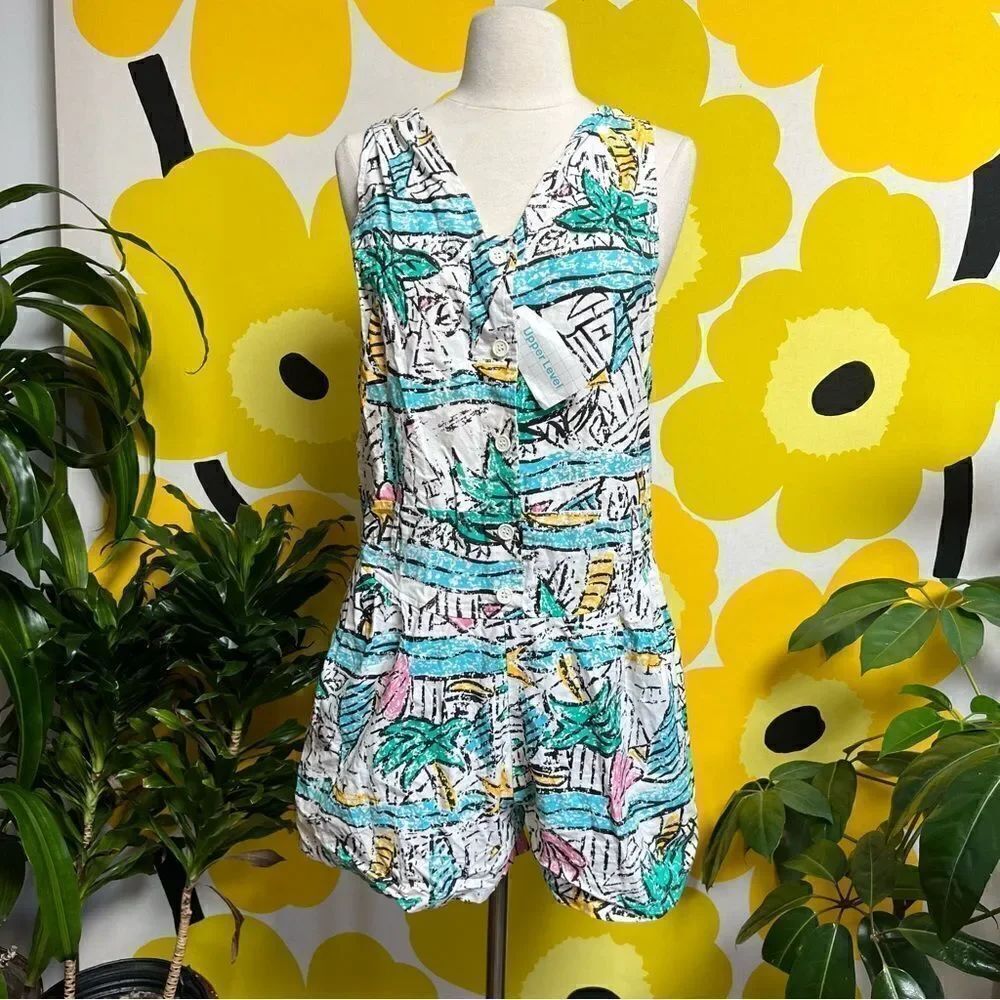 Vintage NWT Deadstock 1980s Pastel Multicolor Tropical Beach Overall Jumper